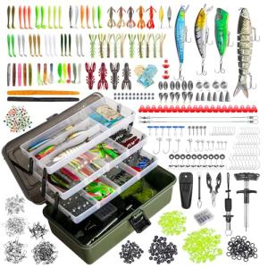 4 Layers Fishing Tackle Box, 605Pcs Fishing Gear Kit with Lures, Small Tool Kit Containing Gripper, Hook Remover, Plier, Accessories, Greeting Cards, Complete Fishing Box for Beginners, Adults