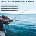 THKFISH 4 Piece/5 Piece Saltwater Travel Rod, Heavy Spinning Fishing Rod Portable Travel Surf Rod Carbon Fiber Saltwater Boat Fishing Rod 6’9”/7’9”/8’9” with Case Bag for Seawater Fish