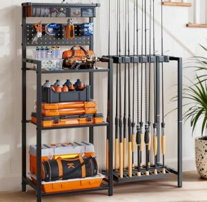 Fishing Rod Holders for Garage, Fishing Pole Rack with 3 Tier shelf, Heavy Duty Fishing Pole Holders with Pegboard and Basket, Freestanding Fishing Rod Rack Hold up to 12 Fishing Rods, Black