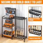 Fishing Rod Holders for Garage, Fishing Pole Rack with 3 Tier shelf, Heavy Duty Fishing Pole Holders with Pegboard and Basket, Freestanding Fishing Rod Rack Hold up to 12 Fishing Rods, Black