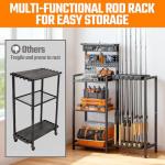 Fishing Rod Holders for Garage, Fishing Pole Rack with 3 Tier shelf, Heavy Duty Fishing Pole Holders with Pegboard and Basket, Freestanding Fishing Rod Rack Hold up to 12 Fishing Rods, Black