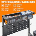 Fishing Rod Holders for Garage, Fishing Pole Rack with 3 Tier shelf, Heavy Duty Fishing Pole Holders with Pegboard and Basket, Freestanding Fishing Rod Rack Hold up to 12 Fishing Rods, Black