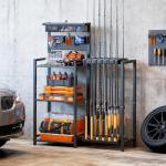 Fishing Rod Holders for Garage, Fishing Pole Rack with 3 Tier shelf, Heavy Duty Fishing Pole Holders with Pegboard and Basket, Freestanding Fishing Rod Rack Hold up to 12 Fishing Rods, Black