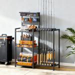 Fishing Rod Holders for Garage, Fishing Pole Rack with 3 Tier shelf, Heavy Duty Fishing Pole Holders with Pegboard and Basket, Freestanding Fishing Rod Rack Hold up to 12 Fishing Rods, Black