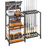 Fishing Rod Holders for Garage, Fishing Pole Rack with 3 Tier shelf, Heavy Duty Fishing Pole Holders with Pegboard and Basket, Freestanding Fishing Rod Rack Hold up to 12 Fishing Rods, Black