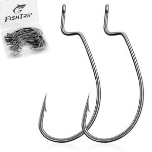 FishTrip 50pcs EWG Fishing Hooks, Bass Fishing Hooks, Offset Worm Hooks, Texas Rig Hooks, Live Bait Hooks, Size 1/0