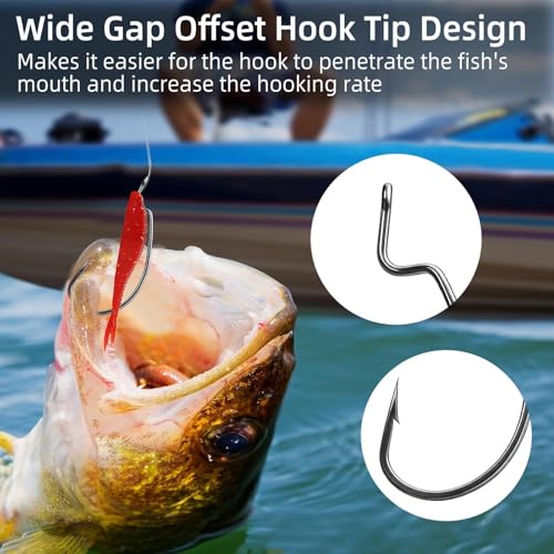 FishTrip 50pcs EWG Fishing Hooks, Bass Fishing Hooks, Offset Worm Hooks, Texas Rig Hooks, Live Bait Hooks, Size 1/0