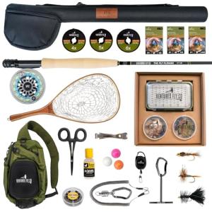 Ventures Fly Co. | Weekend Warrior Starter Package | 23 Fly Fishing Accessories Complete Combo | Includes Rod, Reel, Line, Flies, Leader, Tippet, Forceps, Nipper, Net, Sling Pack, and More!