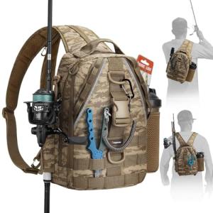 Piscifun Fishing Backpack with Rod Holder, Lightweight Sling Tackle Bag Storge Gear and Equipment, Standard Khaki Camouflage
