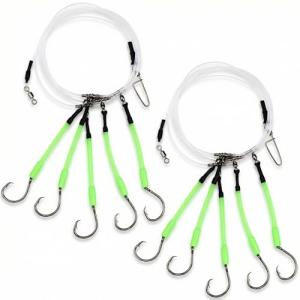 Soulchen 2 Pcs Giant Saltwater Fishing Rig Set - 5 Hooks 6/0 High Carbon Steel Shark Hooks, Glow-in-The-Dark Fluorescent Green
