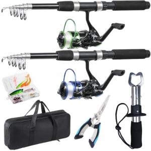 Tripquips Fishing Rod, 2PCS Telescopic Fishing Rod and Reel Combo with Fishing Pliers and Lip Gripper, Pre-Loaded Spinning Reel Combo Set, Fishing Pole with Carrier Bag Fishing Gear(Blue & Green)