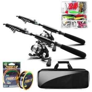 Fishing Rod and Reel Combos, 2PCS 5.9FT Carbon Fiber Fishing Pole Kits with Spinning Reels, Telescopic Travel Fishing Rod Line Lures Set with Carrier Bag for Freshwater Saltwater Fishing