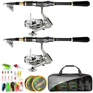 Telescopic Fishing Rod Combo - 2PCS 7.89FT Collapsible Carbon Fiber Pole Set, Spinning Reel Lures Lines Kits with Carrier Bag for Travel Saltwater Freshwater Fishing Gifts for Adults Beginer