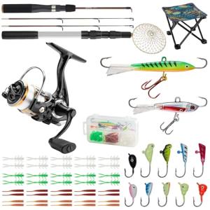 Gonex Ice Fishing Rod Reel Combo 28" Medium Light Carbon Fiber Fiberglass Portable Complete Kit Include Skimmer Spare Rod Spinning Ice Fishing Reel Ice Jig Folding Stool for Winter Fishing