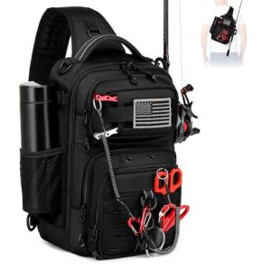 oinitiry Fishing Sling Bag, Fishing Bag With Rod Holder Fixed Stickers, MOLLE System, Soft Bait & Gear Storage, Gift for Men Black