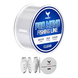 POWJOY 20lb Clear Monofilament Fishing Line 600Yds for Freshwater & Saltwater - No-Tangle Snap Ring Design, Low Stretch Nylon with Knot Instruction Cards, Invisible Mono String for Hanging Decorations