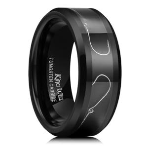 King Will 8mm Black Tungsten Rings, Men's Wedding Rings Fishing Line Inlay Beveled Edge Ring for Men Women, Comfort Fit, Durable, Size 9