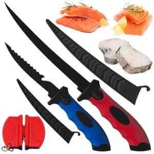 SYMI SMMR 2-Piece Fish Fillet Knife Set, 5-Inch and 7-Inch Stainless Steel Fillet Knives with Sharpener, Non-Slip Handles, Fish Cleaning Knives for Fishing, Camping, and Outdoor Cooking, Red & Blue