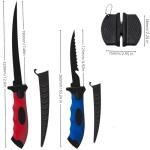 SYMI SMMR 2-Piece Fish Fillet Knife Set, 5-Inch and 7-Inch Stainless Steel Fillet Knives with Sharpener, Non-Slip Handles, Fish Cleaning Knives for Fishing, Camping, and Outdoor Cooking, Red & Blue