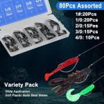 80PCS High Carbon Steel Bass Fishing Hooks, Weedless Worm Hooks, Wide Gap Hook, Gear for Catfish, Trout, Bass, Octopus, Freshwater & Saltwater Fishing Kit #1 1/0 2/0 3/0 4/0