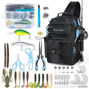 Calamus Catchpack Fishing Sling Tackle Bag & Tool Set, 3500 Tackle Box & Fishing Gear with Fishing lures, Fishing Pliers, Fishing Scissors, Lip Gripper, Wacky Tool