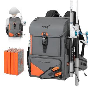 KastKing All Weather Fishing Tackle Backpack with 4 Waterproof Tackle Boxes & Removable Rod Holders,Waterproof ArmorShield Fabric Fishing Bag Storage Fishing Gear