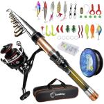 Upgraded Fishing Pole Kit, Carbon Fiber Telescopic Fishing Rod and Reel Combo with Spinning Reel, Line, Bionic Bait, Hooks and Carrier Bag, Fishing Gear Set for Beginner Adults (Golden 6.89FT/2.1M)