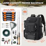 RAINSMORE 40L Fishing Backpack with Rod Holders & Cooler Compartment Water-Resistant Fishing Tackle Backpack with Rain Cover, Fits 4 x 3600 Boxes, Outdoor Gear Pack for Fishing & Camping
