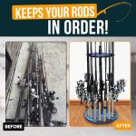 Rush Creek Creations | Round Spinning Fishing Rod Holder for 16 Freshwater Fishing Poles, Fishing Gear, and Fishing Accessories | Fishing Rod Rack with 16 Fishing Rod Clips for Garage Organization
