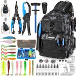 PLUSINNO Fishing Gear, Fishing Backpack with Tackle Box, Waterproof tackle Backpack with Rod Holders, Lures, Tools, Pliers & Accessories, Fish Gifts for Men