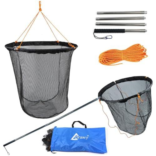 Drasry Large Collapsible Bridge Pier Fishing Net Landing Net with Rod, High Load Aluminum Ring Drop Net for Saltwater and Freshwater Rubber Coated Basket with 49.2 ft Rope 23.6 * 23.6 * 27.5 in