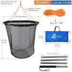 Drasry Large Collapsible Bridge Pier Fishing Net Landing Net with Rod, High Load Aluminum Ring Drop Net for Saltwater and Freshwater Rubber Coated Basket with 49.2 ft Rope 23.6 * 23.6 * 27.5 in