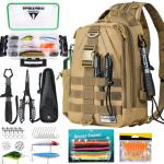 Ghosthorn Fishing Backpack with Tackle Boxes, Fish Pliers, Fish Lip Gripper, Lures, Waterproof Tackle Bag with Rod Holder, Fishing Gear Sling Bag Gift For Men Women Anglers (Khaki)