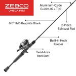 Zebco Omega Pro Spincast Reel and Fishing Rod Combo, 6-Foot 2-Piece IM6 Graphite Fishing Pole, Split MaxTac Grip Rod Handle, Size 30 Reel, Pre-spooled with 10-Pound Line, Black