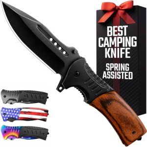 Spring Assisted Tactical Pocket Knife with Wood Handle