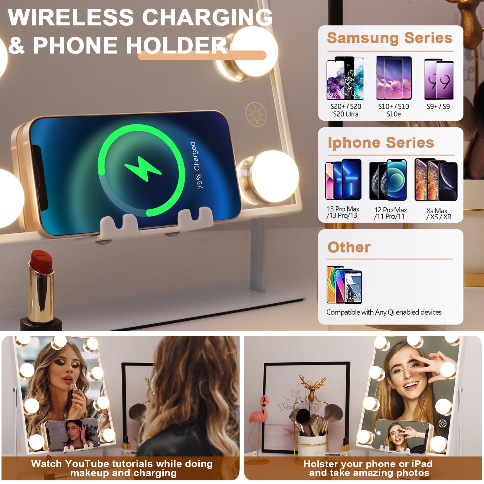 Bluetooth Vanity Makeup Mirror with Lights - White