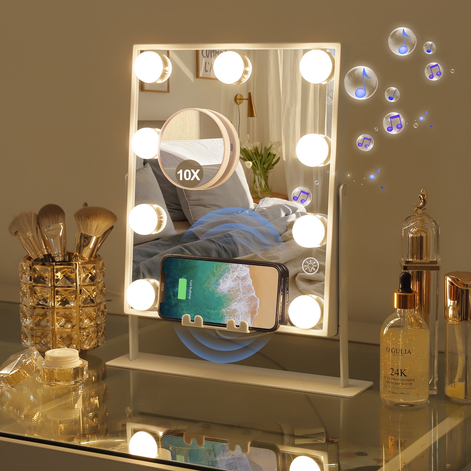 Bluetooth Vanity Makeup Mirror with Lights - White