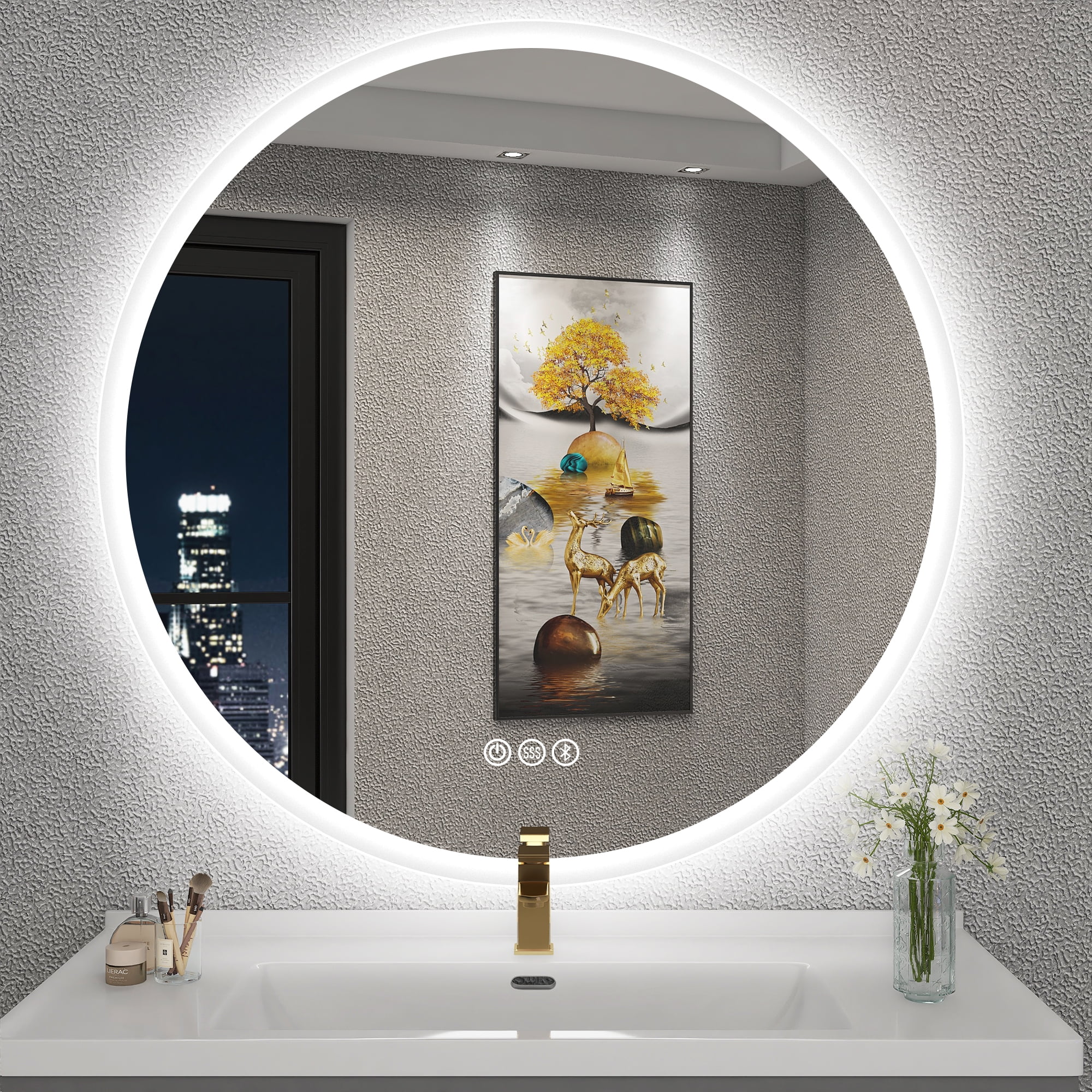 32" LED Round Bathroom Mirror with Bluetooth & Dimmable