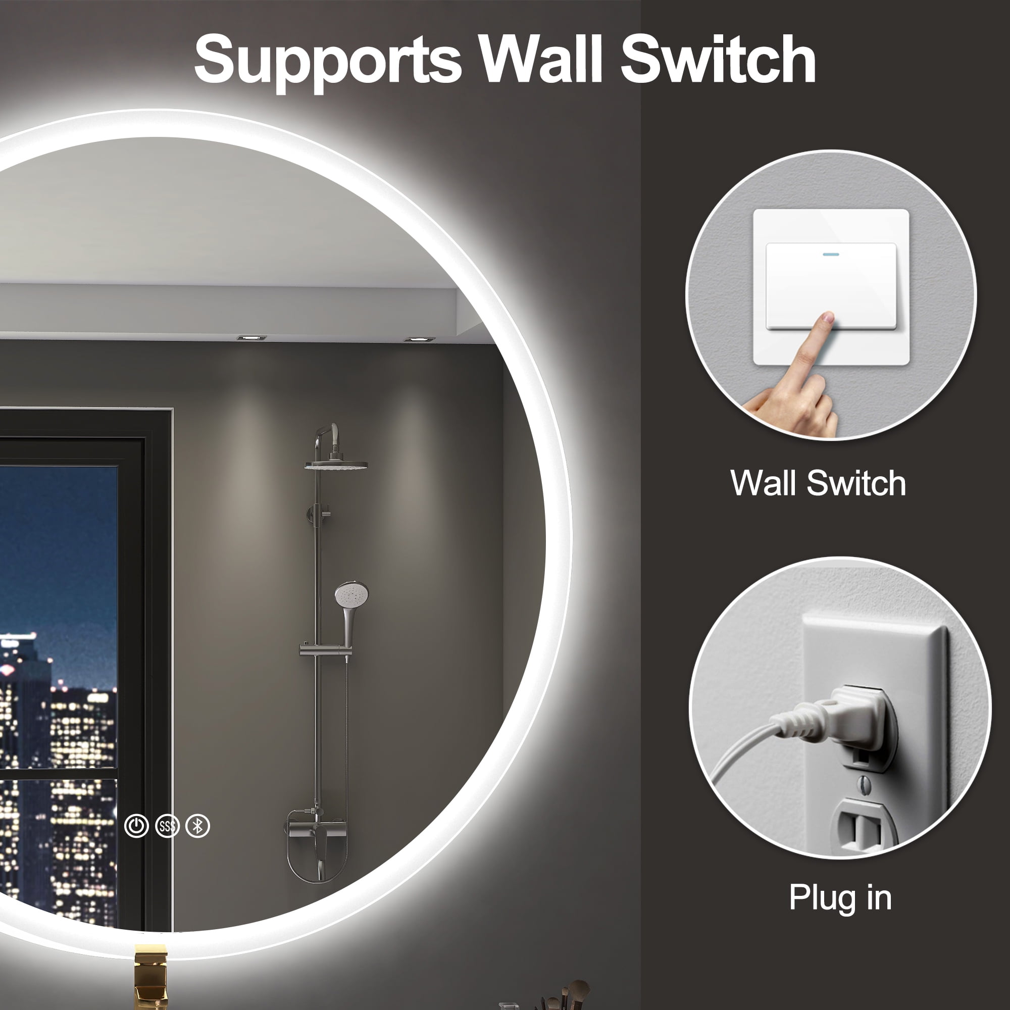 32" LED Round Bathroom Mirror with Bluetooth & Dimmable