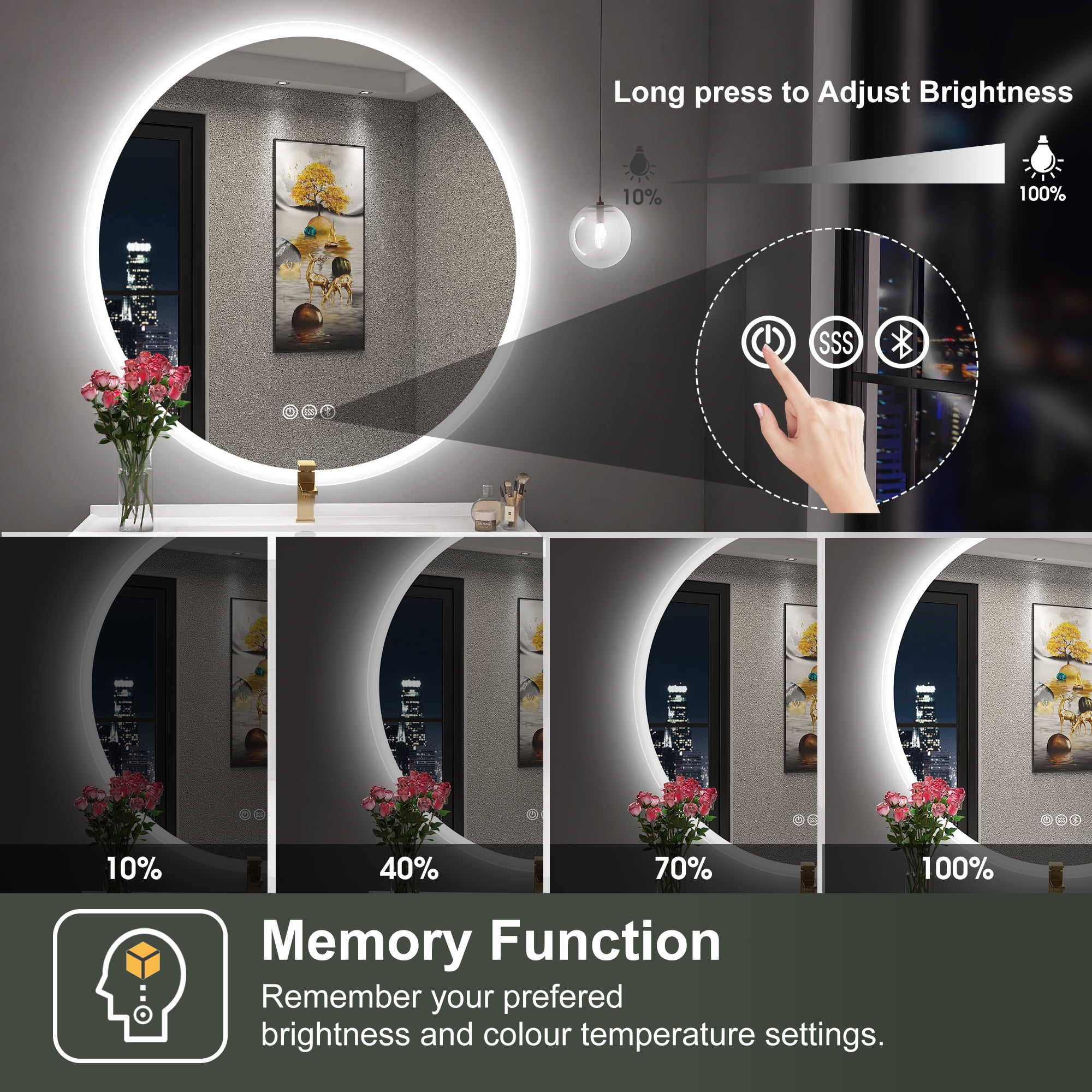 32" LED Round Bathroom Mirror with Bluetooth & Dimmable