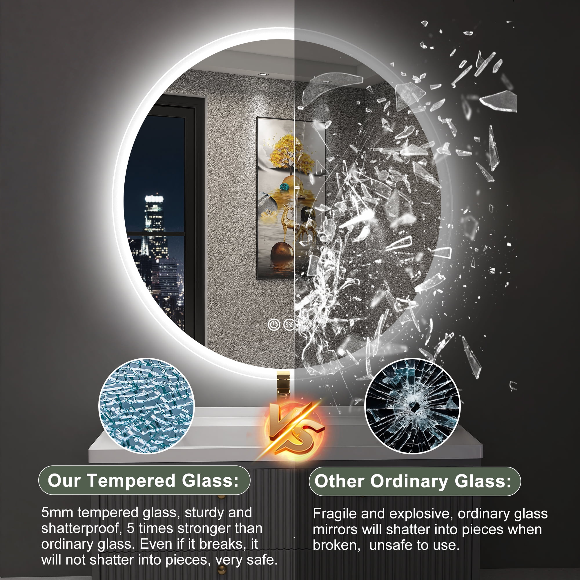 32" LED Round Bathroom Mirror with Bluetooth & Dimmable