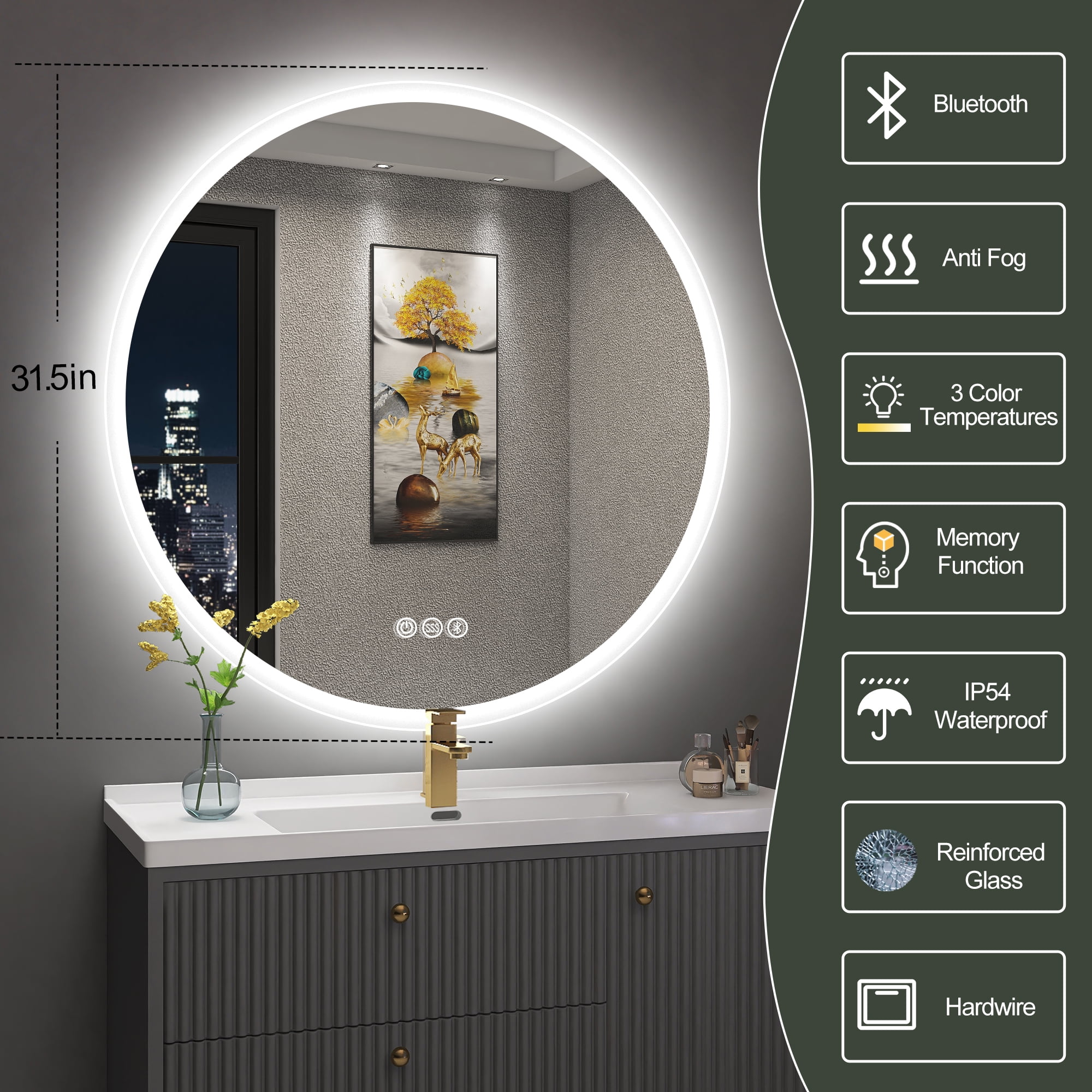 32" LED Round Bathroom Mirror with Bluetooth & Dimmable