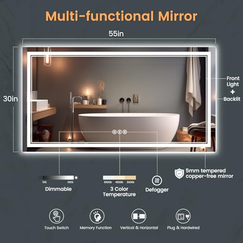 SOGOLINE 55x30 Inch Smart Lighted Bathroom Mirror