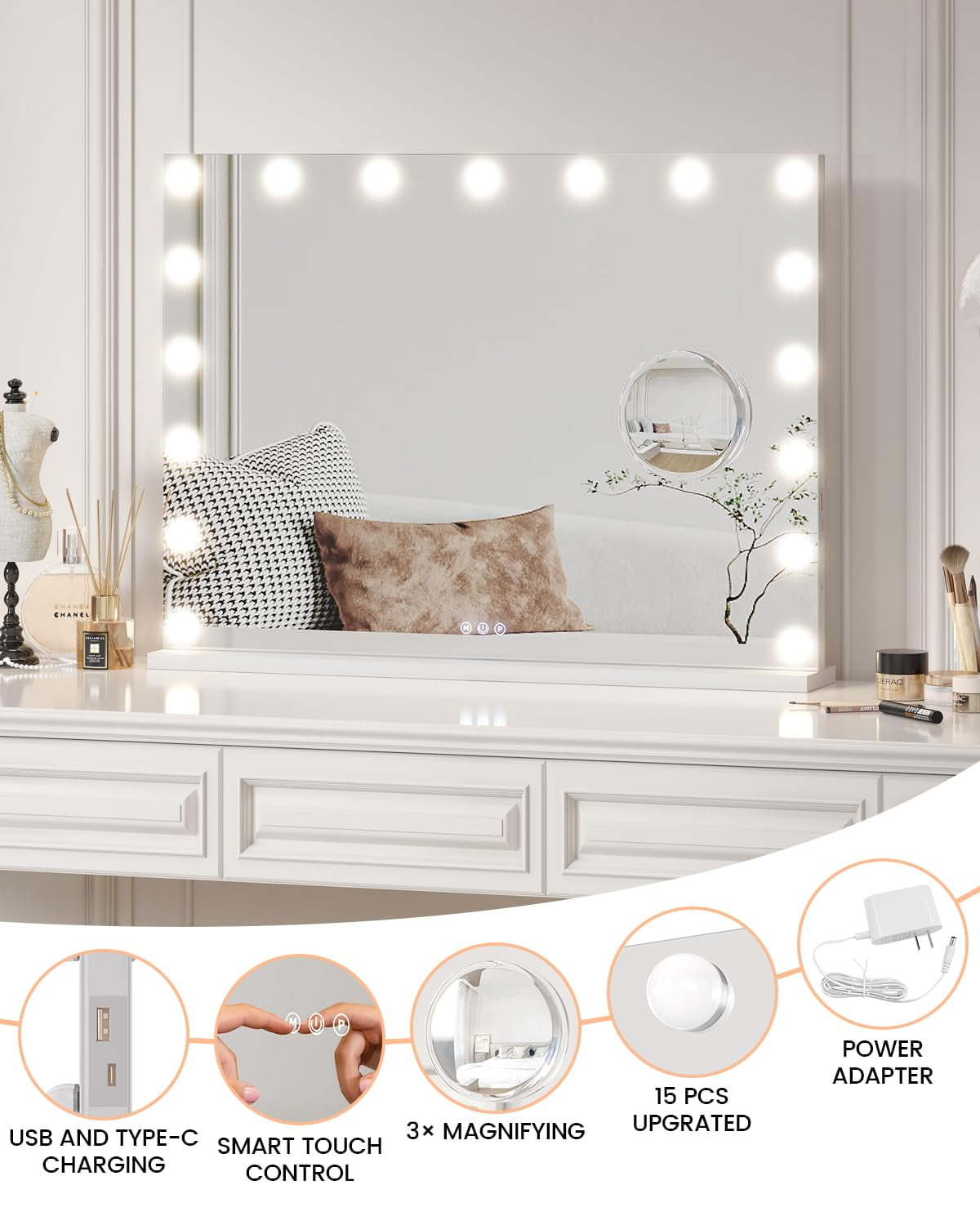 19" LED Vanity Makeup Mirror with 360° Rotation
