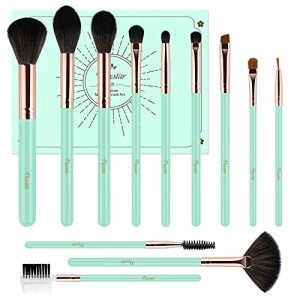 12-Piece Blue Makeup Brushes Set with Wooden Handles