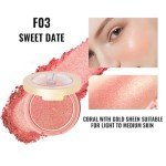 Oulac Luminous Blush Makeup Glow Coral Gold|Subtle Shimmery Creamy Powdery Blush Highlighter Cheek| Pigmented&Blendable | Light to Medium Skin Tone| Vegan & Cruelty-Free| 4.8g F03 Sweet Date