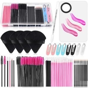 Disposable Makeup Applicators Kit with Triangle Puff Mixing Palette, Artist Supplies Disposable Mascara Wands, Lip Brushes, Hair Clips Powder Puffs for Face with Storage Box
