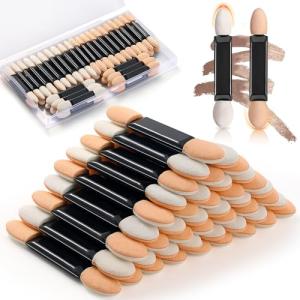 MORGLES 50Pcs Double Head Eyeshadow Applicators with A Container Sponge Makeup Applicators Cosmetic Tool Dual Sides Eye Shadow Brush