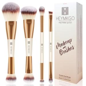 HEYMKGO Makeup Brushes Set, 4Pcs Double-ended Foundation Contour Powder Blush Concealer Eyeshadow Brush Set for Liquid, Cream, Powder for Blending Buffing Professional Face Brush Set Tools(Apricot)
