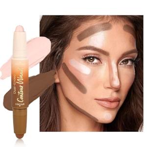 Contour Highlighter Stick，2-in-1 Dual-Ended Cream Bronzer & Highlighter Sticks Pen for Face Body Contouring Makeup- Buildable，Waterproof, Easy to Apply Suitable for Beginners，03Darker Nude+Light Pink